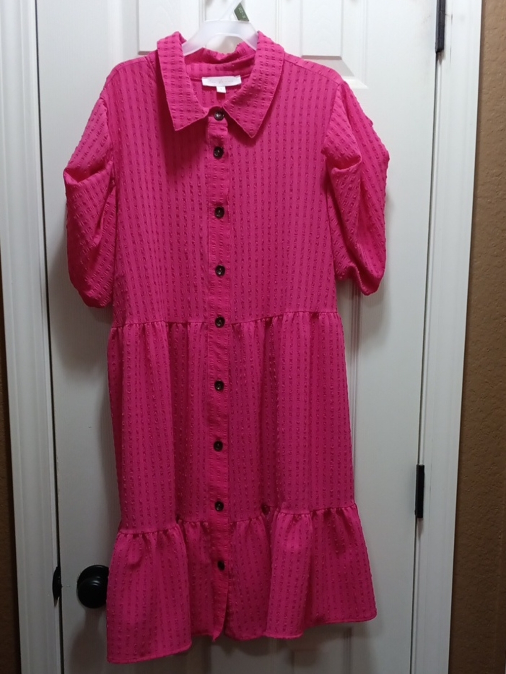 Ces Femme Hot Pink Button-Front Textured Dress with Ruffle Hem